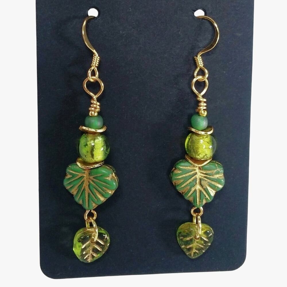 Artisan Etched Czech Glass Earrings Rustic Beaded Green Leaves Gold Tone Dangle